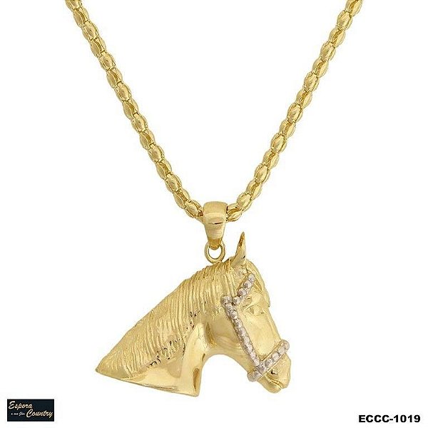 colar cabeça de cavalo 3d banho 10 milésimos de ouro 18k