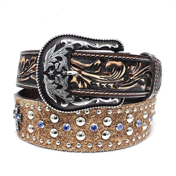 cinto de couro marrom crus strass azul arizona belts 7095ab