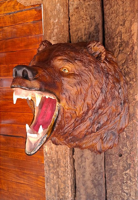 CABEÇA DE URSO ESTATUETA DE RESINA TAMANHO REAL MARROM