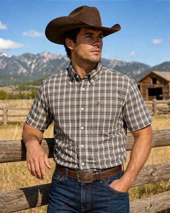 CAMISA ZONA COUNTRY XADREZ MC CINZA E MARROM