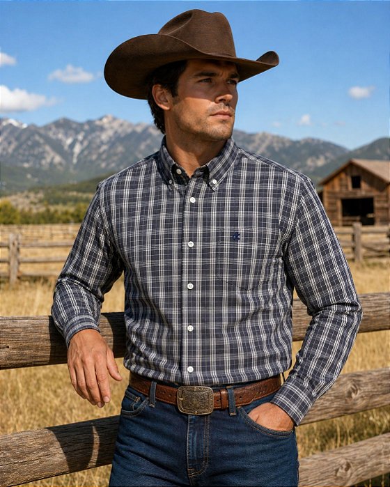 CAMISA ZONA COUNTRY XADREZ ML AZUL E BRANCO