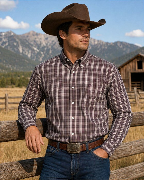 CAMISA ZONA COUNTRY XADREZ ML ROXO E BRANCO