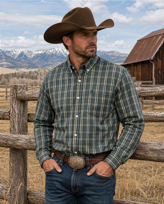 CAMISA ZONA COUNTRY XADREZ ML VERDE E BRANCO