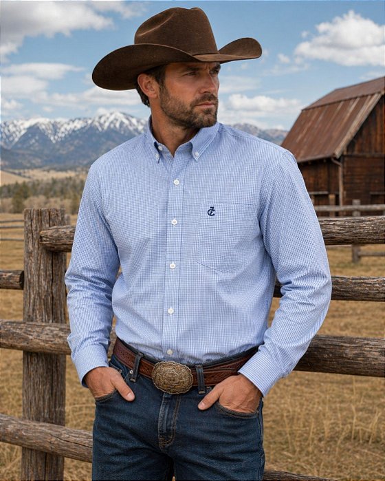 CAMISA ZONA COUNTRY XADREZ ML AZUL CLARO E BRANCO