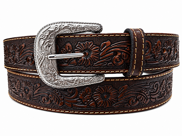 CINTO ZONA COUNTRY COURO TRABALHADO FLORAL RETO CAFÉ
