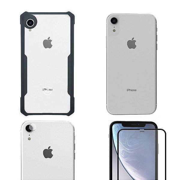 Kit 4 em 1 para iPhone XR : Capa Dual Shock X, Películas Defender Glass Preta , Câmera e Nano Traseira - Gshield