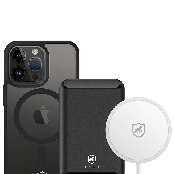 Kit Magsafe iPhone: Carregador Wireless Magsafe + Carregador Portátil Nano Snap Wireless Preto + Capa Magsafe Preta - Gshield