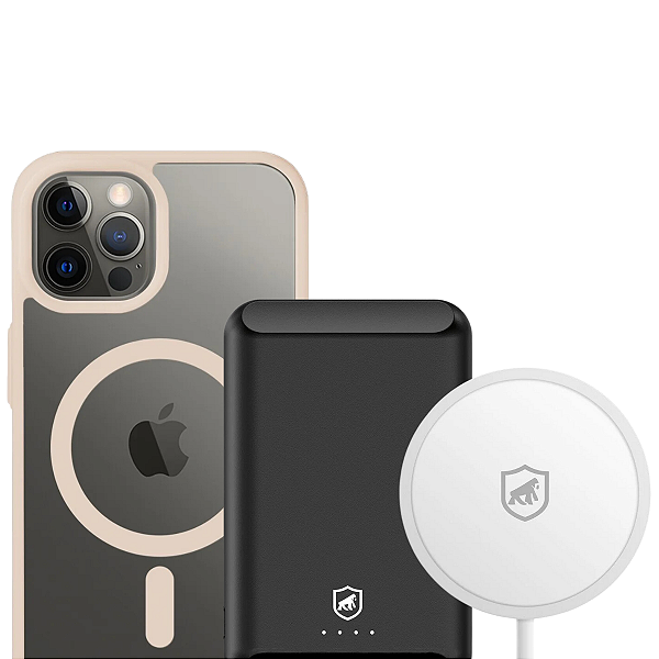 Kit Magsafe iPhone: Carregador Wireless Magsafe + Carregador Portátil Nano Snap Wireless Preto + Capa Magsafe Rosa - Gshield