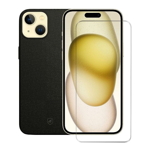 Kit Capa Couro Dual Preta e Pelicula Nano Vidro para iPhone 15 - Gshield