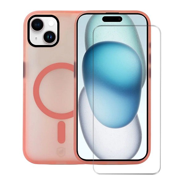 Kit Capa Magsafe Pro Rosa e Pelicula Nano Vidro para iPhone 15 Plus - Gshield