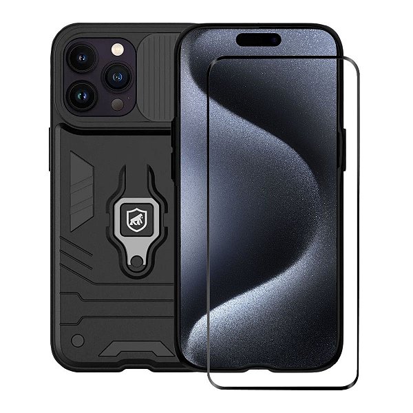 Kit Capa Defender e Pelicula Coverage 5D Pro Preta para iPhone 15 Pro Max - Gshield