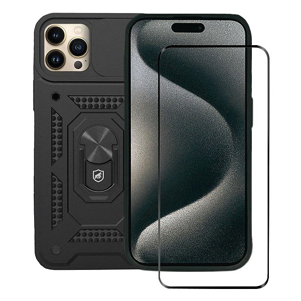 Kit Capa Dinamic Cam Protection e Pelicula Coverage 5D Pro Preta para iPhone 15 Pro Max - Gshield
