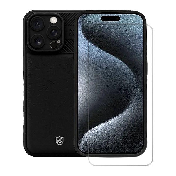 Kit Capa Symetric Preta e Pelicula Nano Vidro para iPhone 15 Pro - Gshield