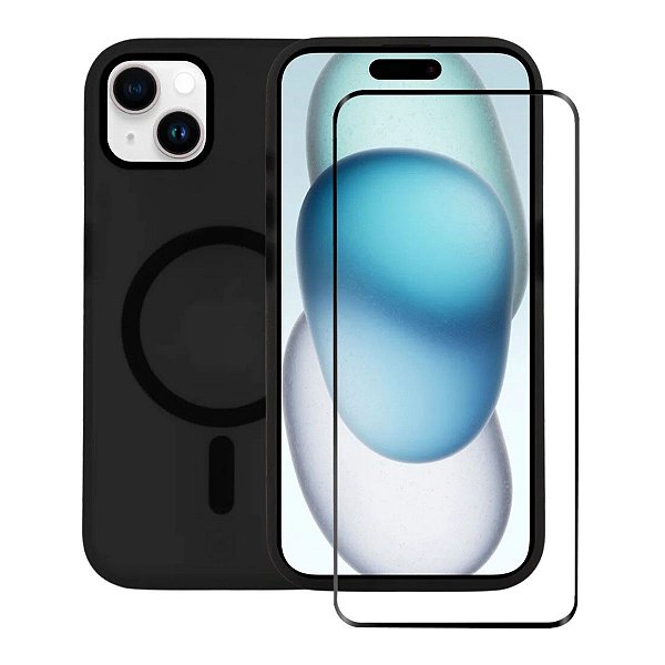 Kit Capa Magsafe Pro Preta e Pelicula Coverage 5D Pro Preta para iPhone 15 Plus - Gshield