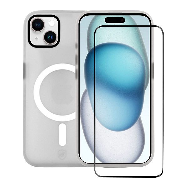 Kit Capa Magsafe Pro Transparente e Pelicula Coverage 5D Pro Preta para iPhone 15 - Gshield