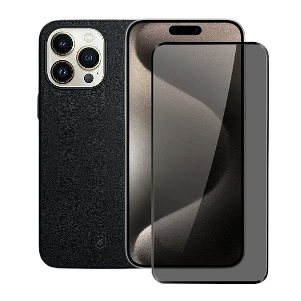 Kit Capa Couro Dual Preta e Película Defender Pro Privacidade para iPhone 15 Pro - Gshield