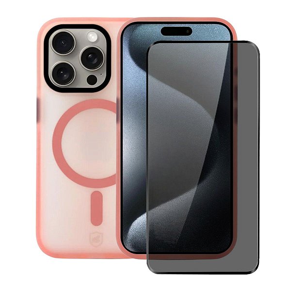 Kit Capa Magsafe Pro Rosa e Pelicula Defender Pro Privacidade para iPhone 15 Pro - Gshield