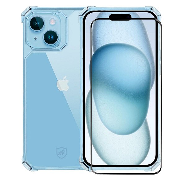 Kit Capa Clear Proof e Pelicula Coverage 5D Pro Preta para iPhone 15 Plus - Gshield