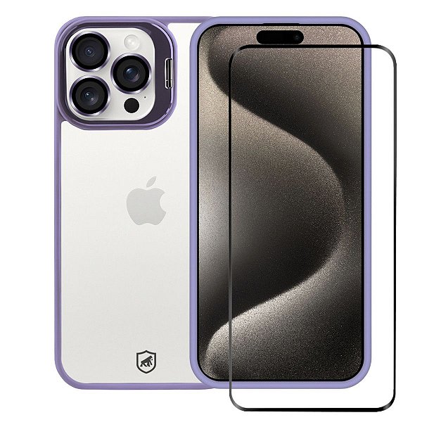 Kit Capa Gravity Lilás e Pelicula Coverage 5D Pro Preta para iPhone 15 Pro - Gshield