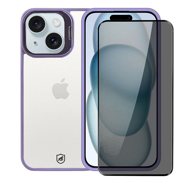 Kit Capa Gravity Lilás  e Pelicula Defender Pro Privacidade para iPhone 15 - Gshield