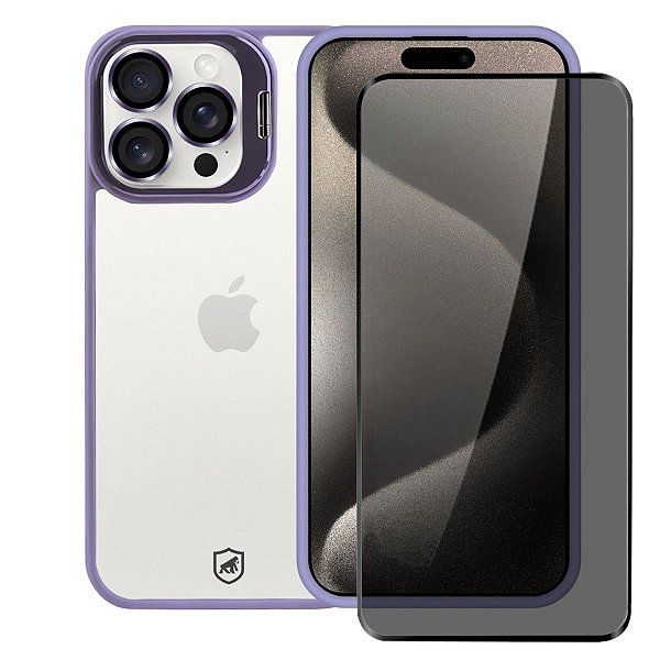 Kit Capa Gravity Lilás  e Pelicula Defender Pro Privacidade para iPhone 15 Pro - Gshield