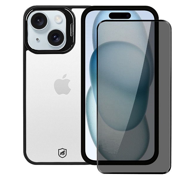 Kit Capa Gravity Preta e Pelicula Defender Pro Privacidade para iPhone 15 - Gshield