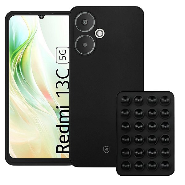 Kit Capa Silicon Veloz para  Xiaomi Redmi 13C 5G +  Ventosa - Preta - Gshield