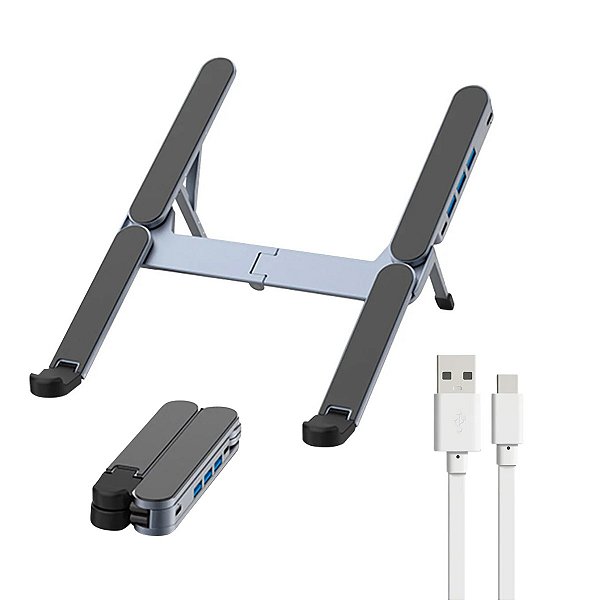 Kit Suporte Dobrável p/ Notebook com Hub USB + Cabo Flat Tipo C 1,2M – Gshield