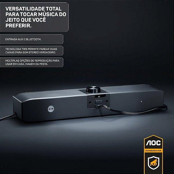 Caixa de Som Soundbar Bluetooth 5.3 - Estéreo 6W RGB com AUX, TWS e Bateria Portátil - AOC