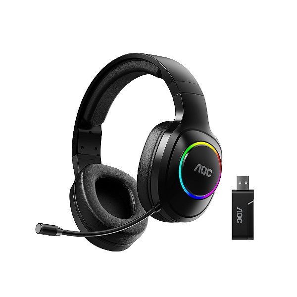 Headset Gamer 3 em 1 Sem Fio 2.4G + Bluetooth + P2 - RGB, Microfone, Baixa Latência – Preto - AOC