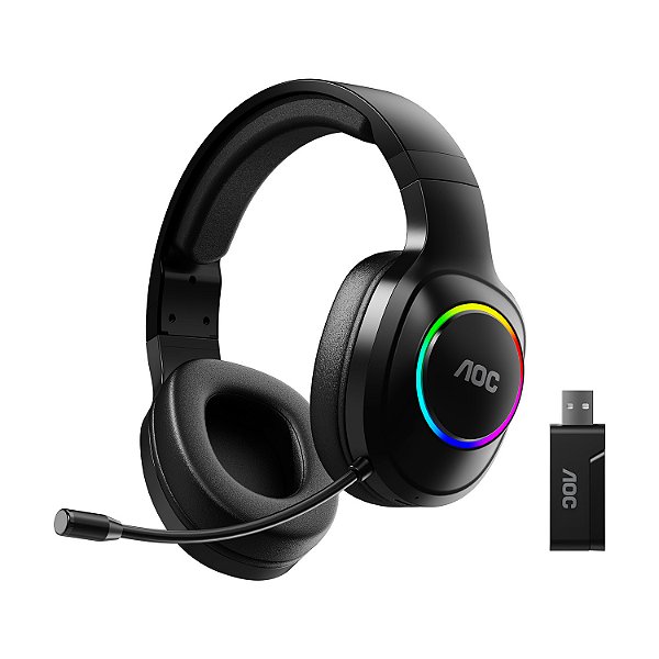 Headset Gamer Sem Fio 2.4G + Bluetooth - RGB, Microfone, Baixa Latência – Preto - AOC