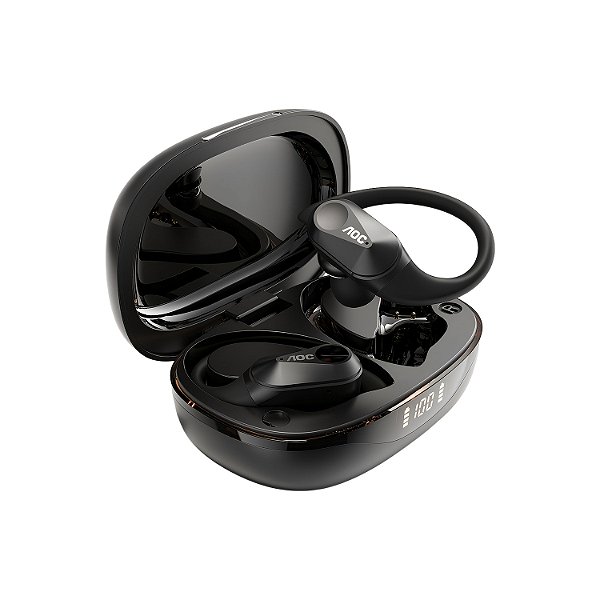 Fone Bluetooth 6.0 Sem Fio com Gancho Esportivo, IPX5, Baixa Latência, Bateria até 48h com Case, Som Hi-Fi e Microfone – Preto - AOC