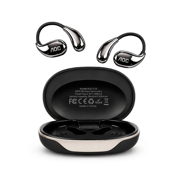 Fone Auricular Open-Ear Clip Earbuds Bluetooth 5.4 Open Stereo Sem Fio com Alcance até 10 metros, Baixa Latência, Tradução Simultânea por IA e Microfone Integrado - Preto - AOC