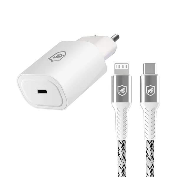 Kit Carregador de Parede Turbo Tipo C QC 3.0 - 25W + Cabo Nylon Kevlar Tipo C / Lightning - Gshield