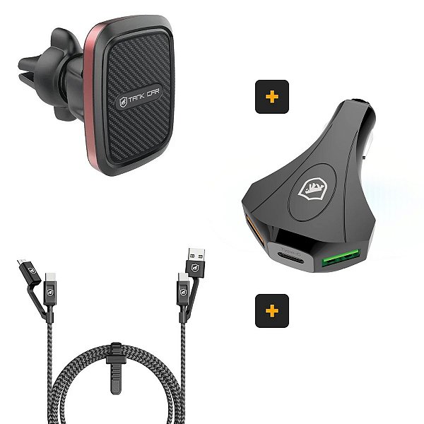 Kit Veicular: Suporte Tank Car + Cabo Defender 4 em 1 + Carregador Triplo Turbo Tank - Gshield