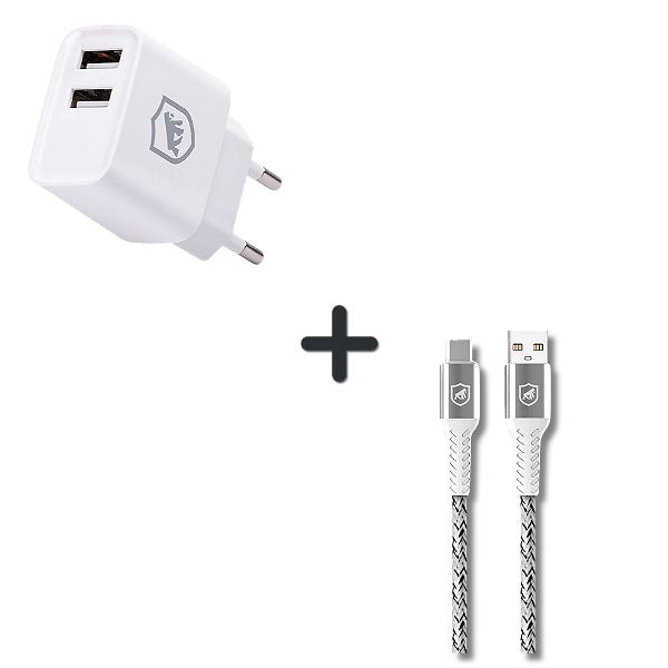 Kit Carregador de Parede Flex USB-A 12W + Cabo Nylon Kevlar USB-A / Tipo-C 1,5M - Branco - Gshield