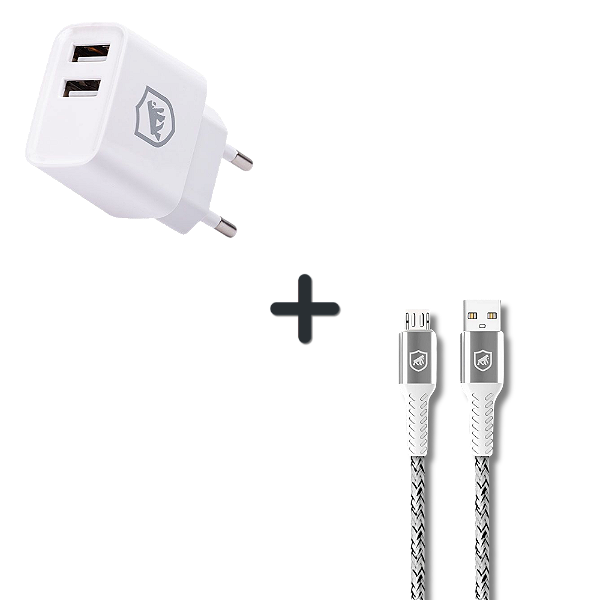 Kit Carregador de Parede Flex USB-A 12W + Cabo Nylon Kevlar Micro USB V8 / USB-A 1,5M - Branco - Gshield