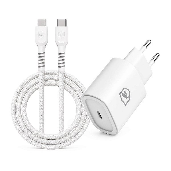 Carregador de Parede Turbo Tipo C 25W + Cabo Dual Armor Tipo C/ Tipo C 1M Revestido em Nylon Balístico com Proteção Contra Sobrecarga e Tecnologia Overvoltage Protection - Branco - Gshield