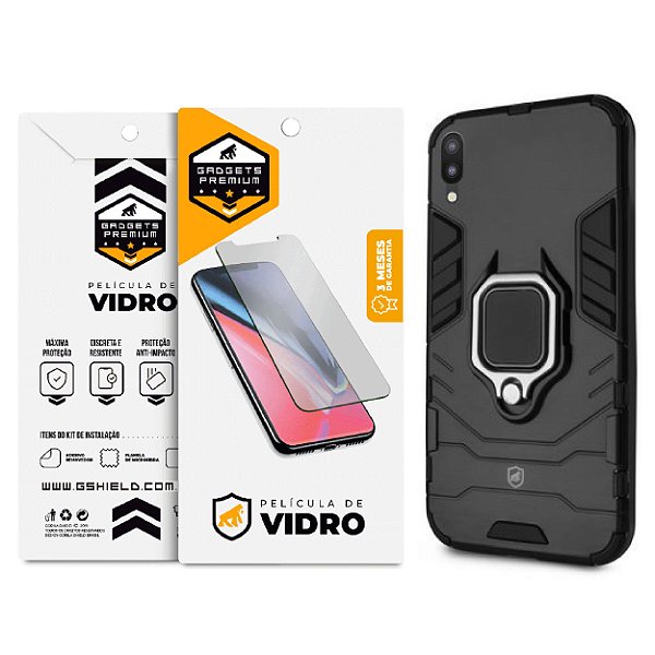 Kit Capa Defender Black e Película de Vidro Dupla para Samsung Galaxy M10 - GShield