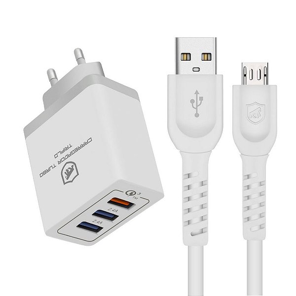 Kit Carregador Turbo Triplo + Cabo Dual Shock Micro USB V8 Branco - Gshield