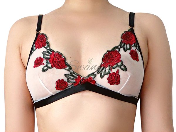 Sutiã Bralette em Tule Bordado Transparente Flora