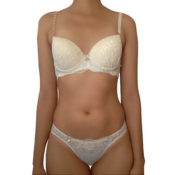 Conjunto Lingerie de Renda Francesa com Alça em Strass Gold