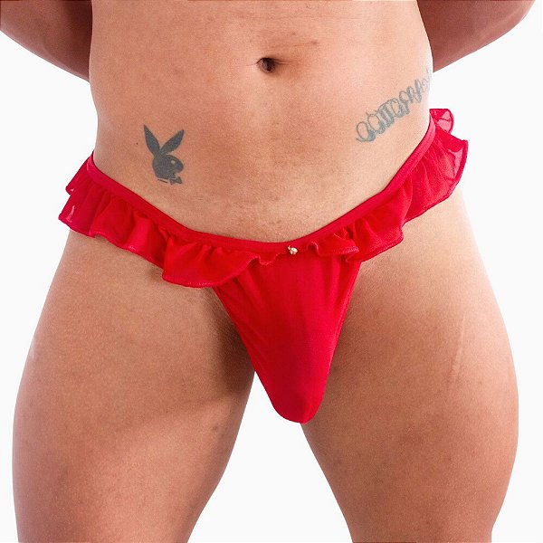 Calcinha Masculina Micro Fio Dental em Tule Transparente com Babadinho