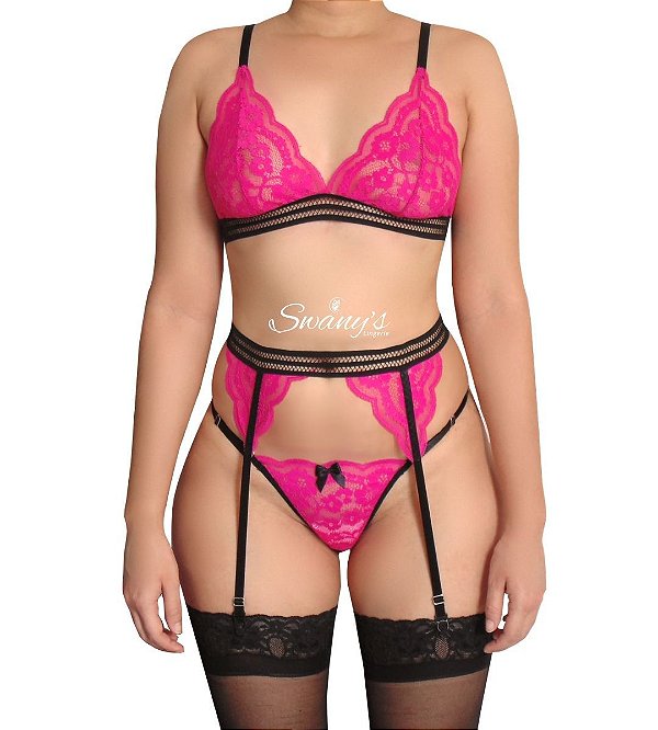 Conjunto de Lingerie em Renda Com Cinta Liga Sexy Laila