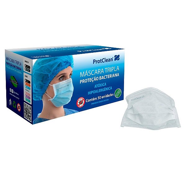 Máscara Tripla ProtClean Proteção Bacteriana Com Elástico 50un Branca