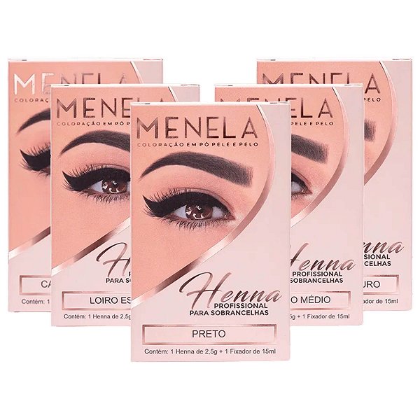 Kit Henna Sobrancelha Menela Coloração Pele e Pelo 2,5g com Fixador 15ml