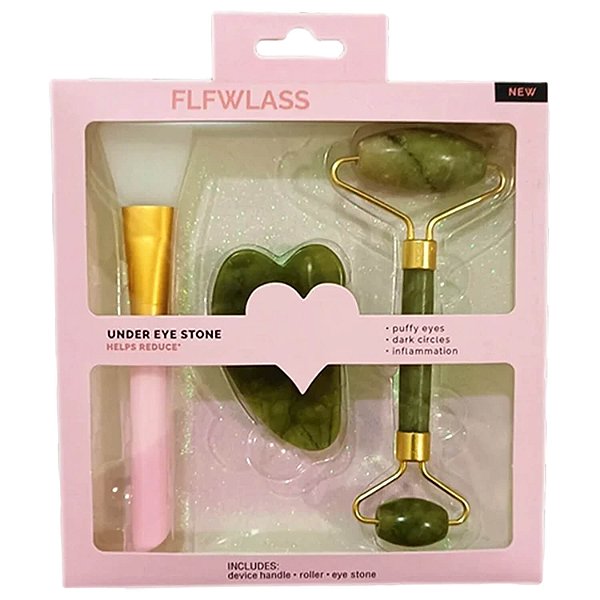 Massageador Facial Rolo Pedra Jade Duo com Plaquinha e Pincel