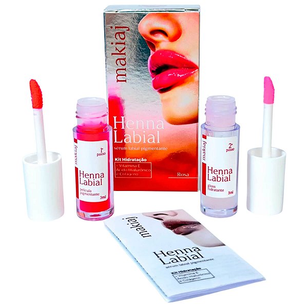 Henna Labial Makiaj Kit Hidratação Película Pigmentante + Gloss Hidratante 3ml