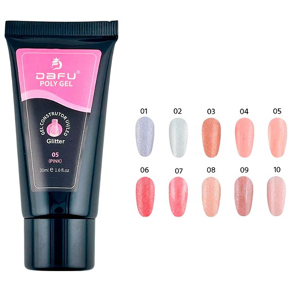 Polygel Gel Construtor Dafu com Glitter Alongamento de Unhas Uv/Led 30ml