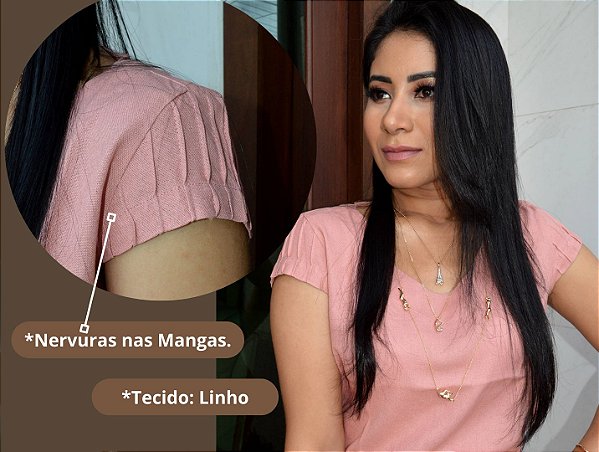Blusa Linho Rosa Seco Cropped com Nervuras nas Mangas